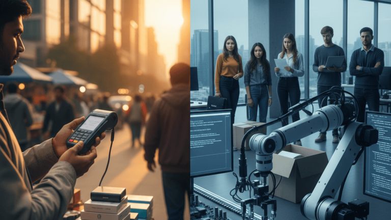 Left: A street vendor in warm evening light processes a payment. Right: A modern office with a robotic arm and pensive employees.
