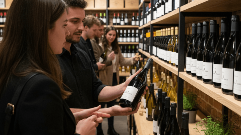 A man and woman examining a bottle of non-alcoholic wine in a well-lit store aisle, with other customers in the background.