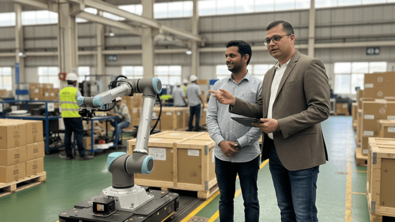 Two men in a factory, one pointing towards a mobile robotic arm, surrounded by industrial equipment and workers.