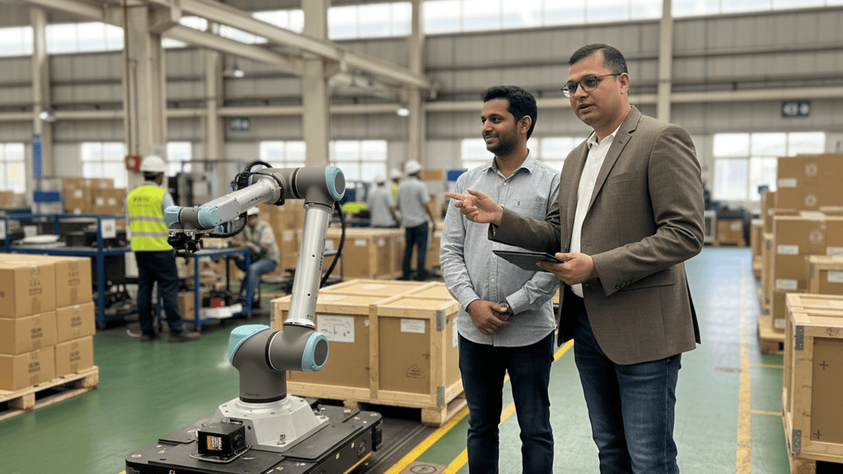 Two men in a factory, one pointing towards a mobile robotic arm, surrounded by industrial equipment and workers.