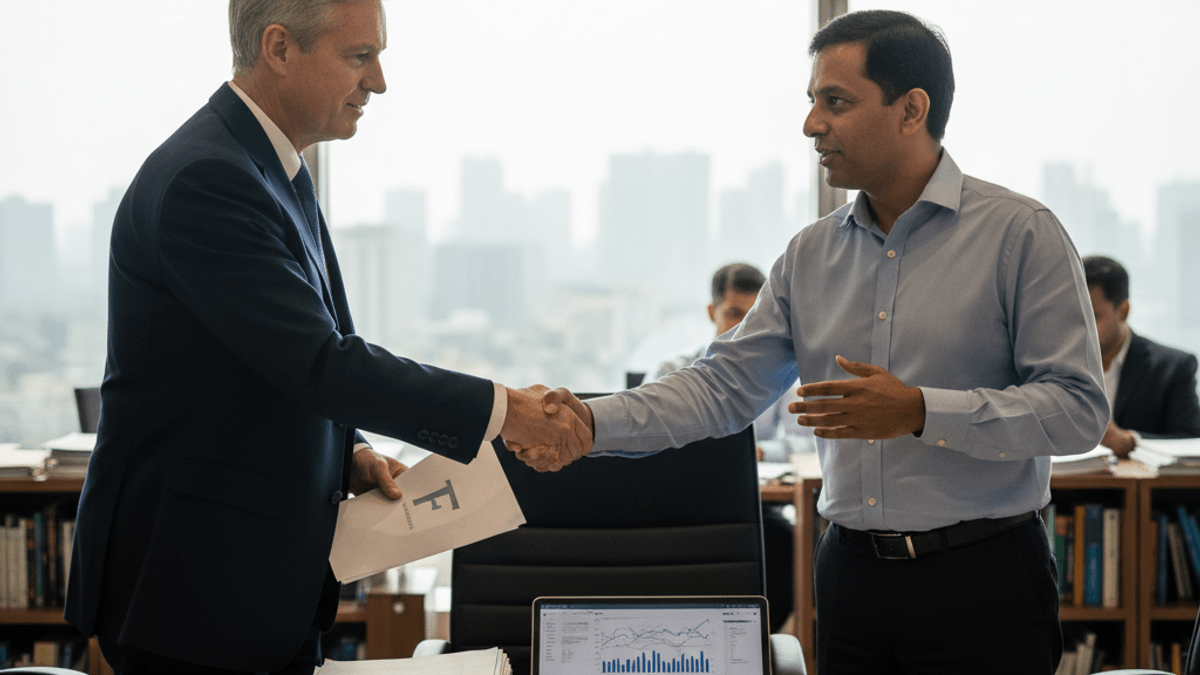 Two men in business attire shake hands over a large conference table in a modern office with city views.