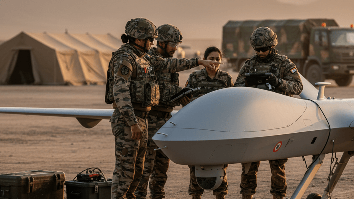 Four Indian soldiers in camouflage stand around a large drone in a desert, with tents and mountains in the background.