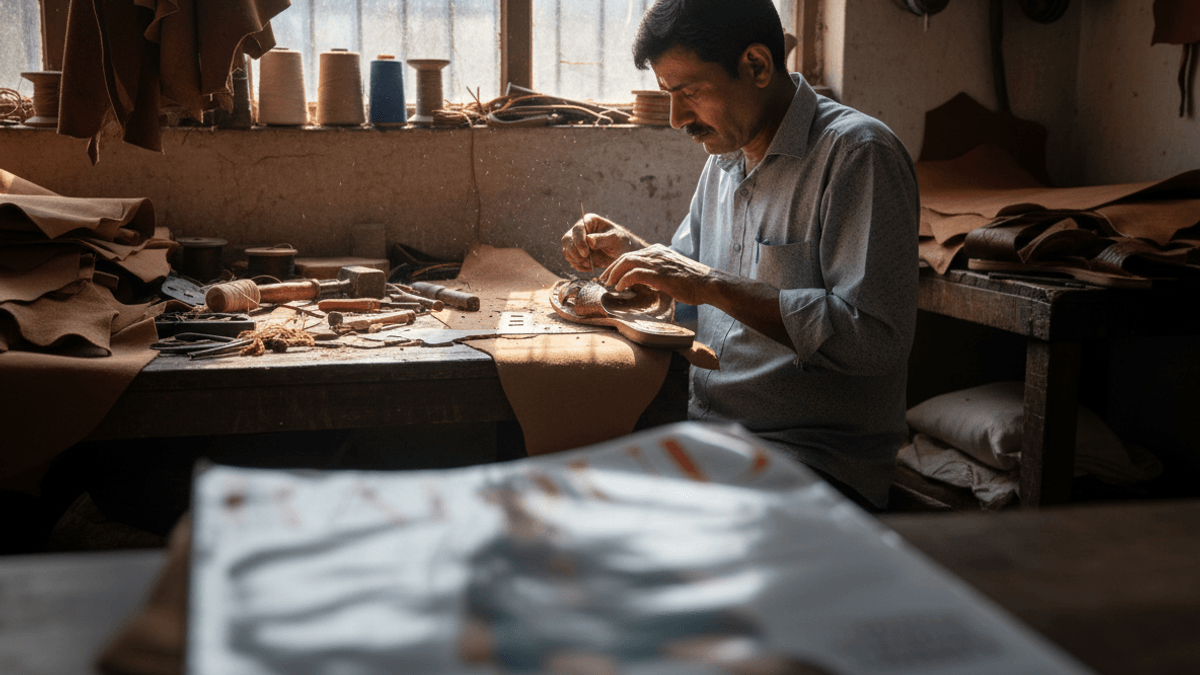 A man with a mustache works on leather sandals at a cluttered workbench, bathed in natural light from a window.