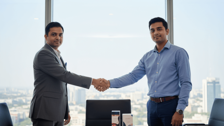 Two men in business attire shake hands across a conference table in a modern office with a city view.