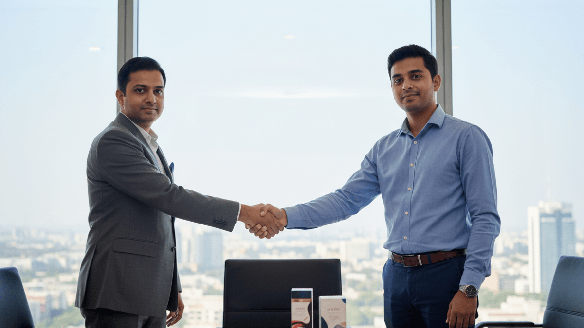 Two men in business attire shake hands across a conference table in a modern office with a city view.