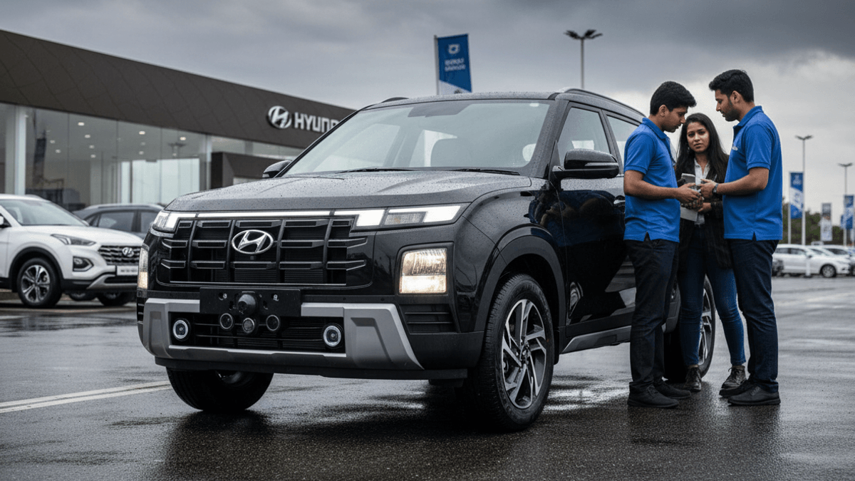 Three individuals, two men in blue shirts and a woman, stand around a black Hyundai Creta in a wet dealership lot.