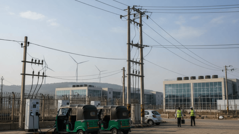 Two green electric auto-rickshaws charging at an outdoor station, with power lines, industrial buildings, and wind turbines under a clear sky.