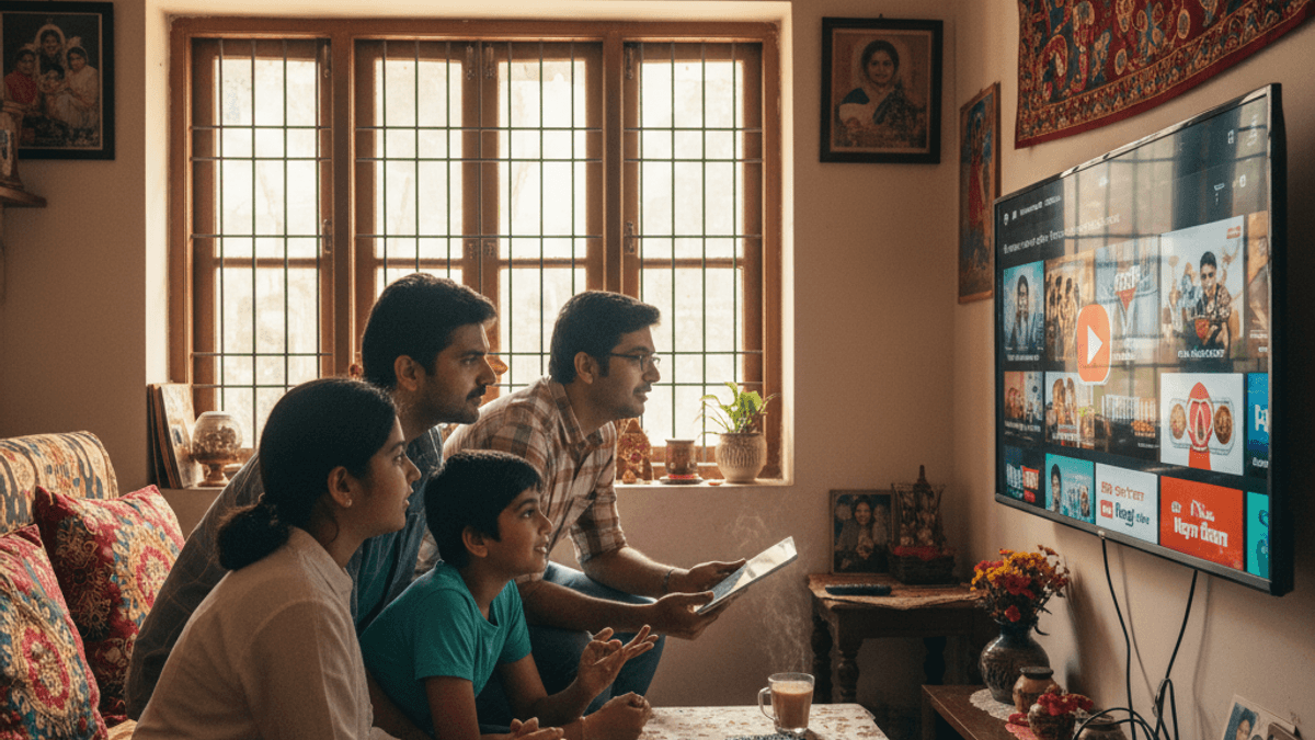 An Indian family, including parents and two children, engrossed in watching a smart TV showing various streaming options in their living room.