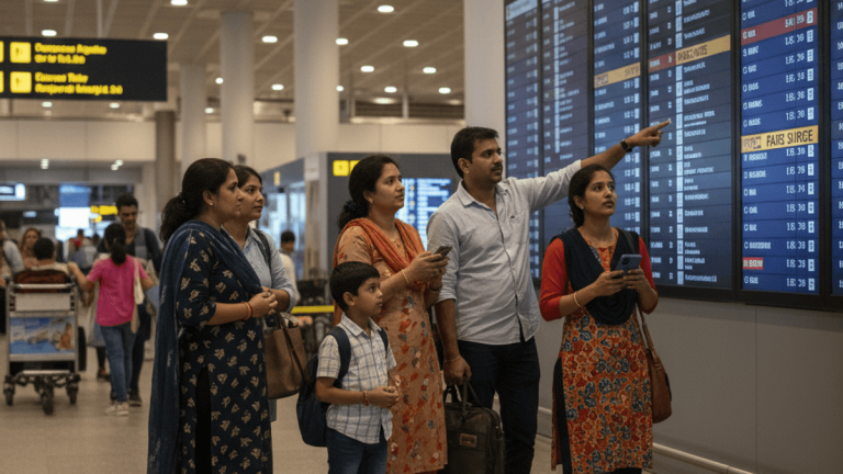 An Indian family stands in an airport, looking intently at a large departure board displaying flight information.