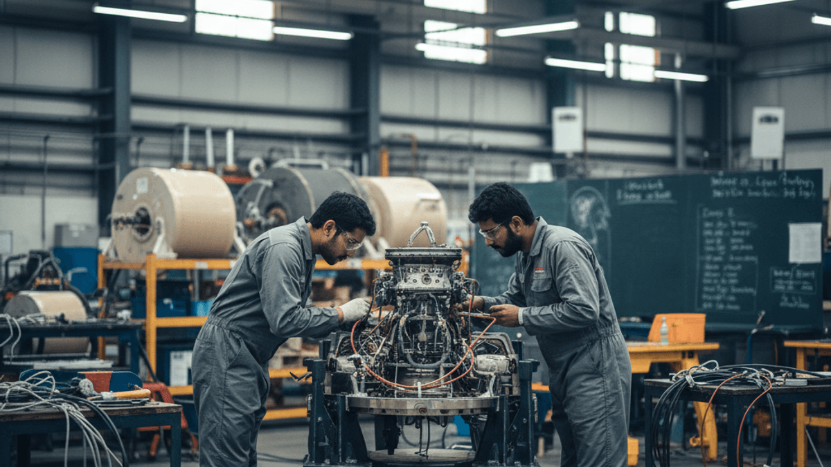 Two engineers in jumpsuits meticulously work on a complex rocket engine assembly in a bustling industrial workshop.