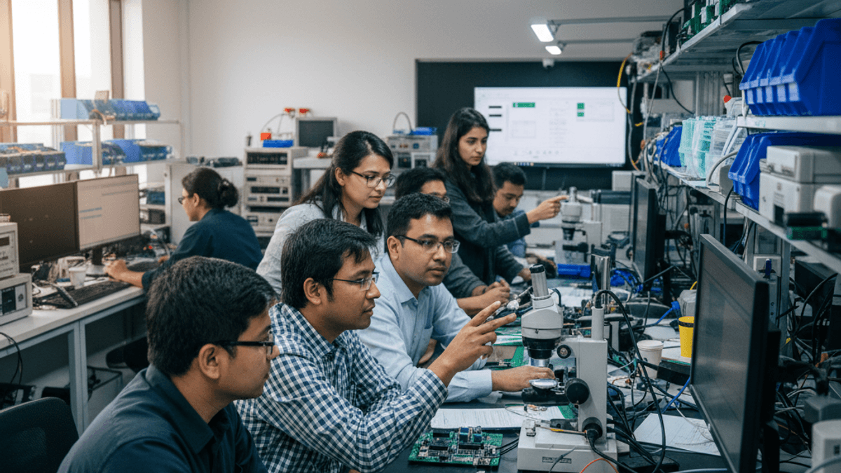 A group of engineers, mostly men, in a brightly lit lab, focused on circuit boards and equipment.