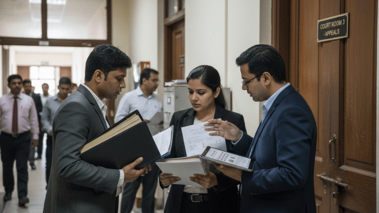 Three lawyers, two men and one woman, stand in a courthouse hallway, reviewing legal documents and a tablet.