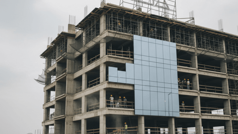 Construction workers in hard hats and vests consult blueprints on a dirt construction site with a large, partially built office building in the background.