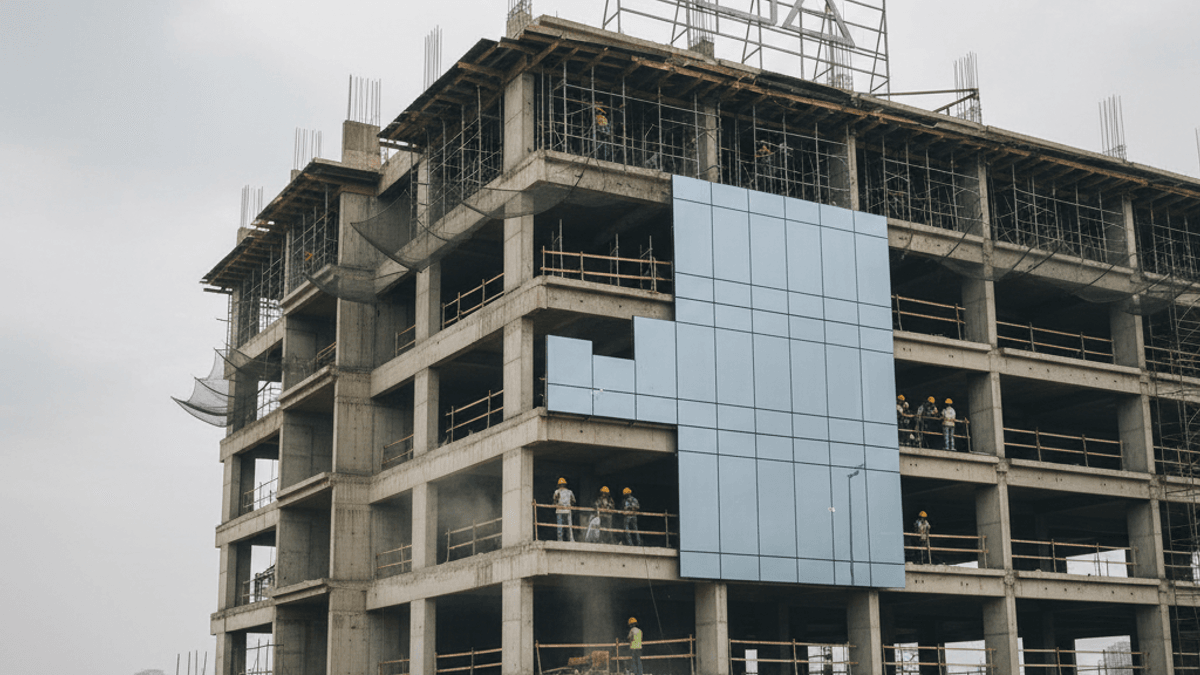 Construction workers in hard hats and vests consult blueprints on a dirt construction site with a large, partially built office building in the background.