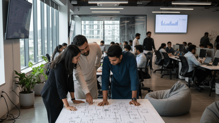 Three professionals in traditional Indian attire and business casual review a large financial flow chart on a table in a modern office.