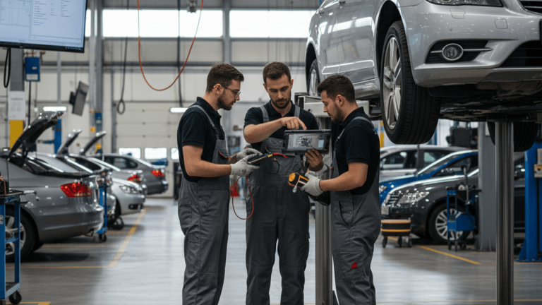 Three auto mechanics collaborate, using a tablet and other tools to diagnose a car in a busy garage.