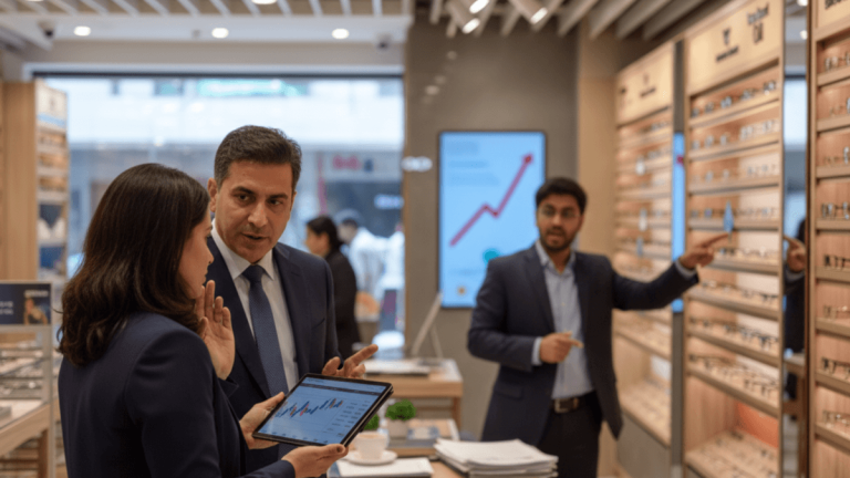 Two investors review financial data on a tablet in a Lenskart store, while another points to eyewear displays.