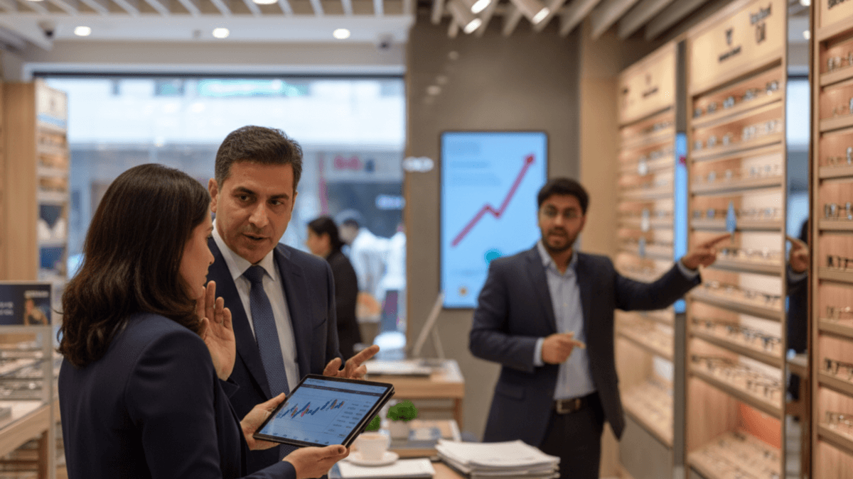 Two investors review financial data on a tablet in a Lenskart store, while another points to eyewear displays.