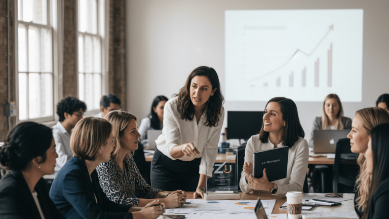 A diverse group of professional women in a modern office, engaged in a dynamic meeting, with one woman presenting at the head of a table.