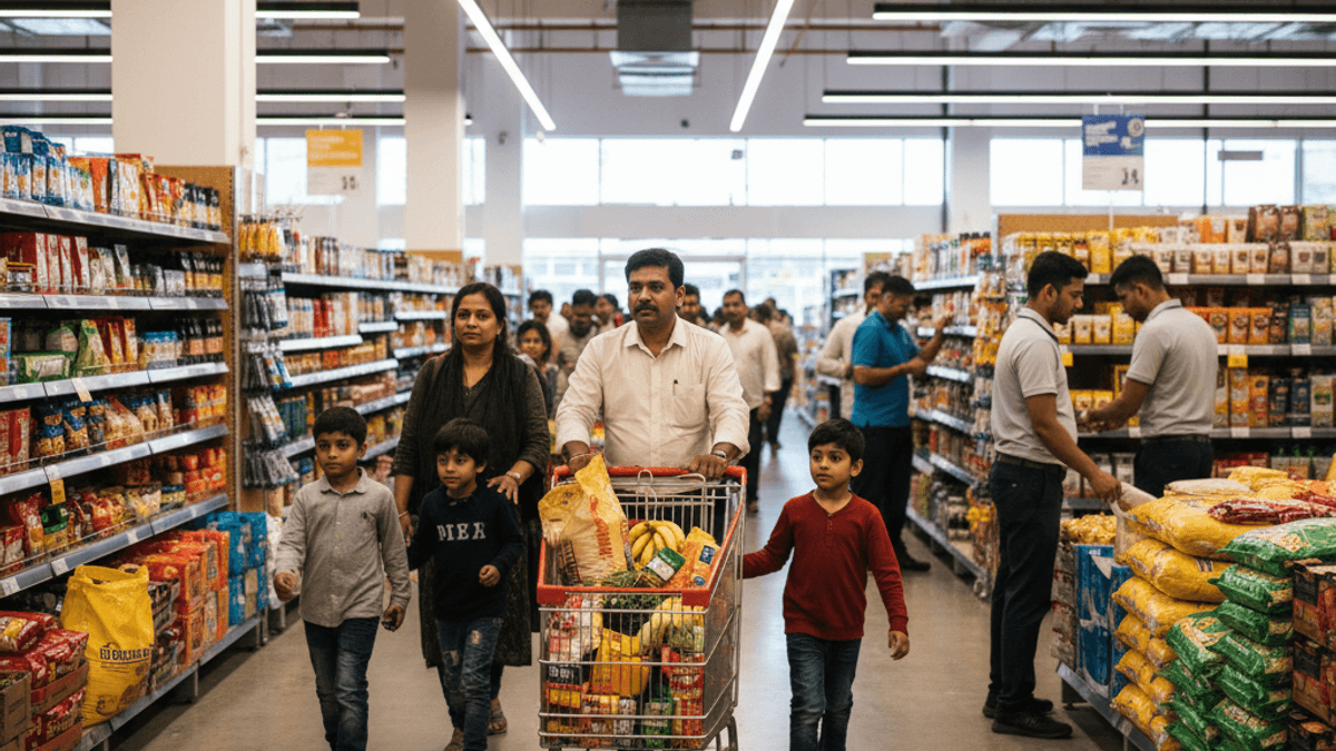 A candid shot of an Indian family pushing a full shopping cart down a wide aisle in a modern supermarket.