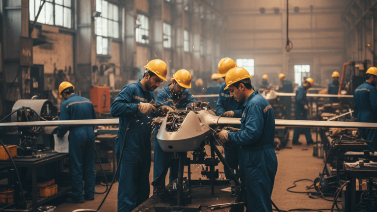 A group of Iranian workers in blue coveralls and yellow hard hats assemble machinery in a dimly lit factory.