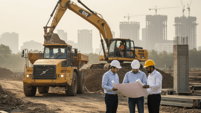 Three engineers in hard hats examining blueprints on a large, active construction site in India. Heavy equipment operates behind them.