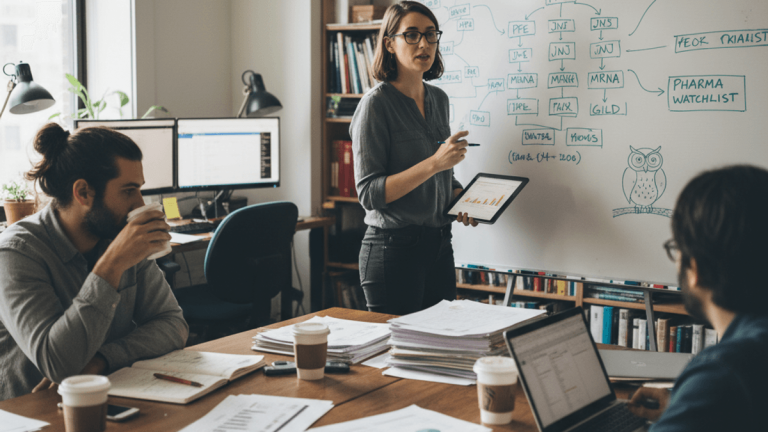 A woman in a modern office points at a whiteboard detailing pharmaceutical stock projections, while two men observe.