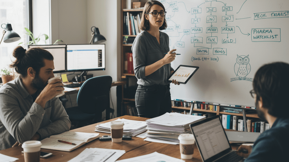 A woman in a modern office points at a whiteboard detailing pharmaceutical stock projections, while two men observe.