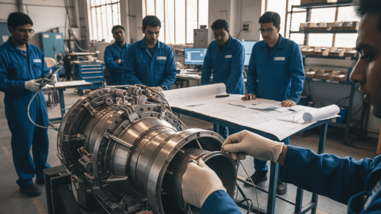 A team of Indian engineers in blue overalls meticulously work on a large piece of advanced hardware in a well-lit workshop.