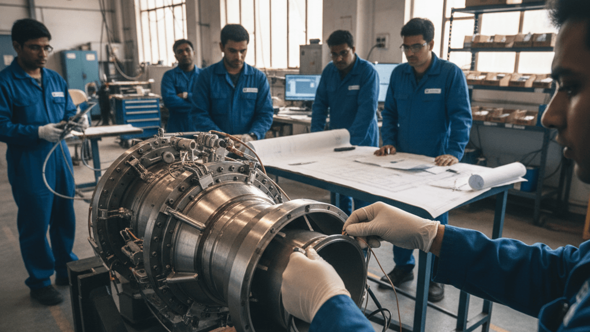 A team of Indian engineers in blue overalls meticulously work on a large piece of advanced hardware in a well-lit workshop.