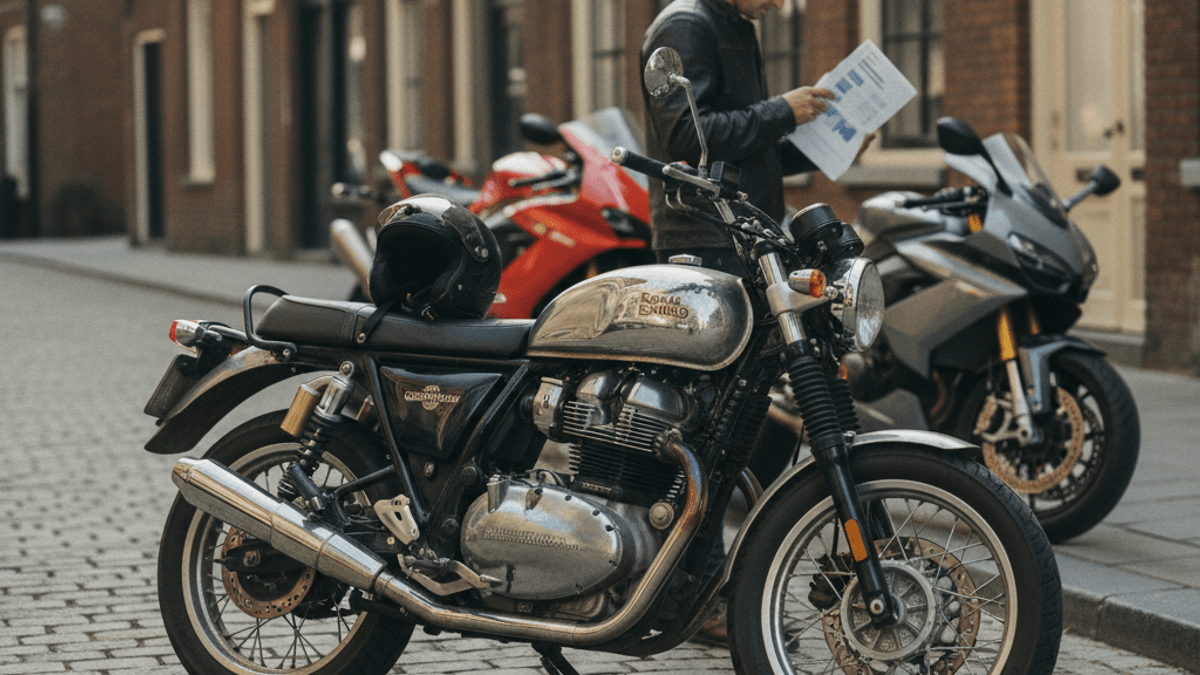 A man in a leather jacket stands on a cobblestone street, looking at a document next to a Royal Enfield motorcycle. Two other motorcycles are parked behind him.