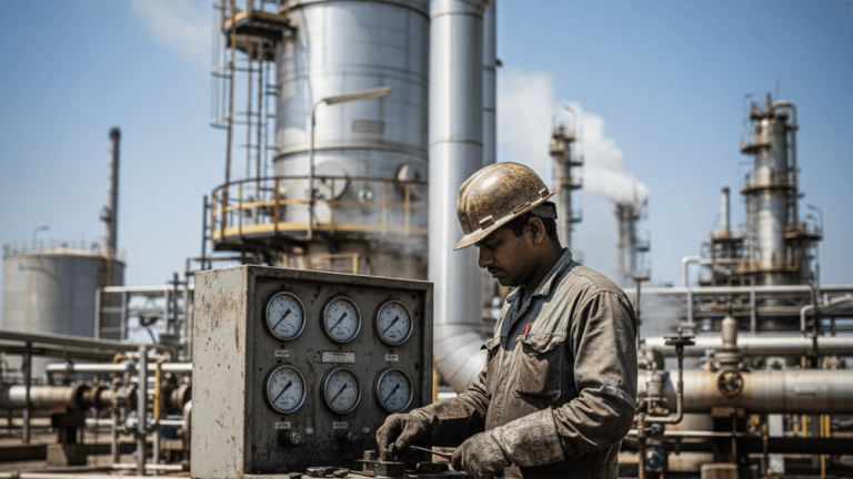 A worker in a hard hat and overalls adjusts controls on a gauge panel at an oil refinery under a clear sky.