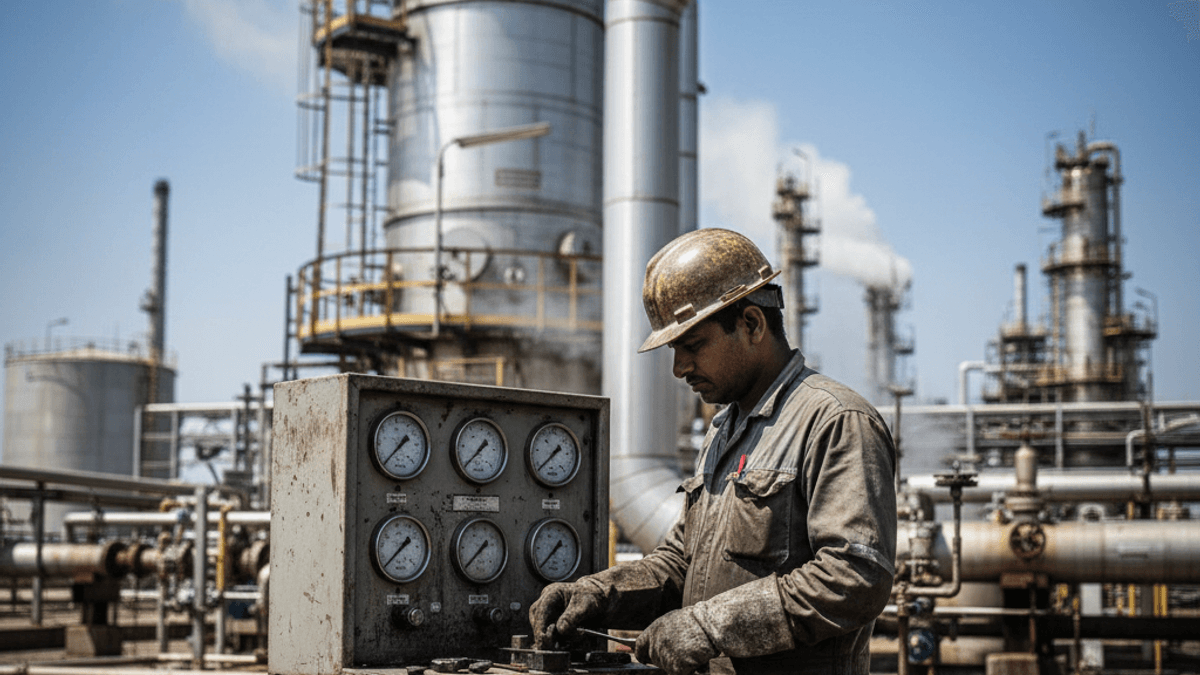 A worker in a hard hat and overalls adjusts controls on a gauge panel at an oil refinery under a clear sky.
