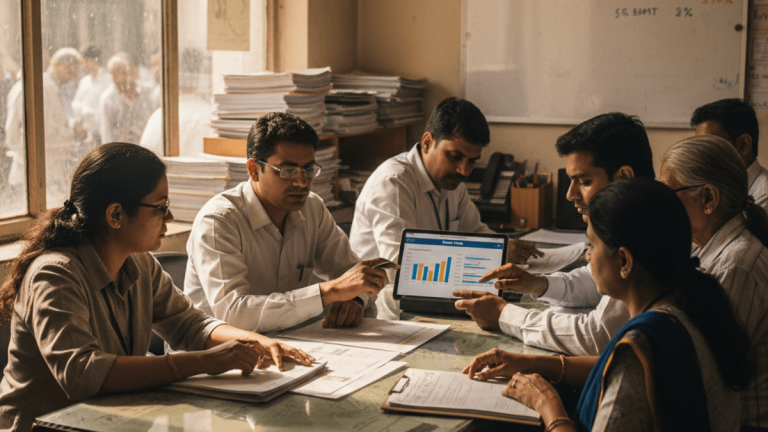 A group of Indian insurance professionals reviewing charts and documents in a sunlit, bustling office environment.