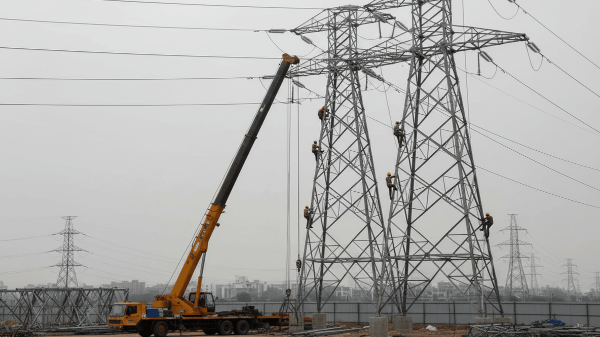 Construction workers scale a large metal power pylon as a crane operates nearby, with other pylons in the distance.