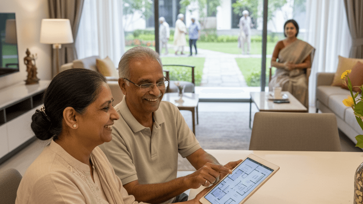 An elderly Indian couple smiles while looking at a tablet displaying a floor plan in a contemporary apartment.