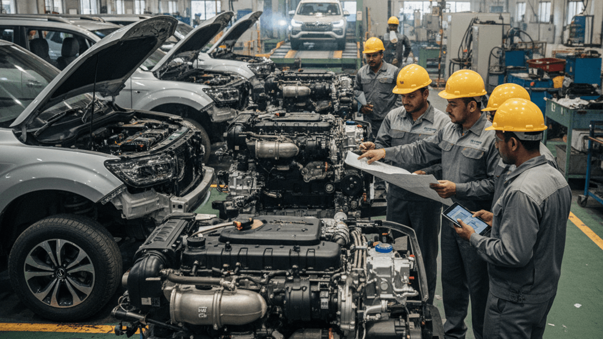Indian engineers in an assembly plant, discussing new engine designs for SUVs, with partially assembled vehicles in the background.