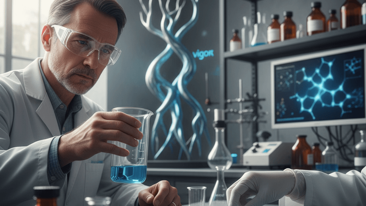 A male scientist in safety glasses holds a beaker of blue liquid, while gloved hands in the foreground arrange blue pills on a petri dish.