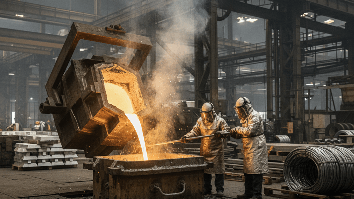 Two workers in protective gear oversee molten metal being poured from a large ladle into a mold in an industrial setting.