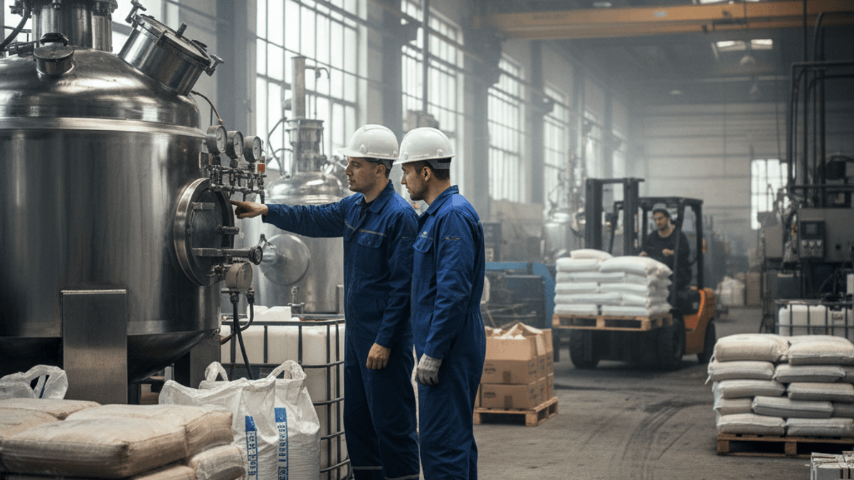 Two workers in hard hats and blue coveralls monitor a large stainless steel tank in a bustling chemical manufacturing facility.