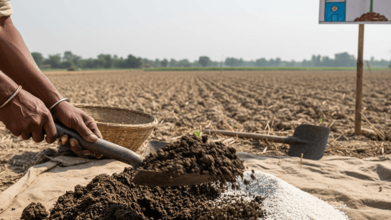 A farmer's hands blend dark organic manure with white chemical fertilizer on a tarp in a dry field under clear skies.