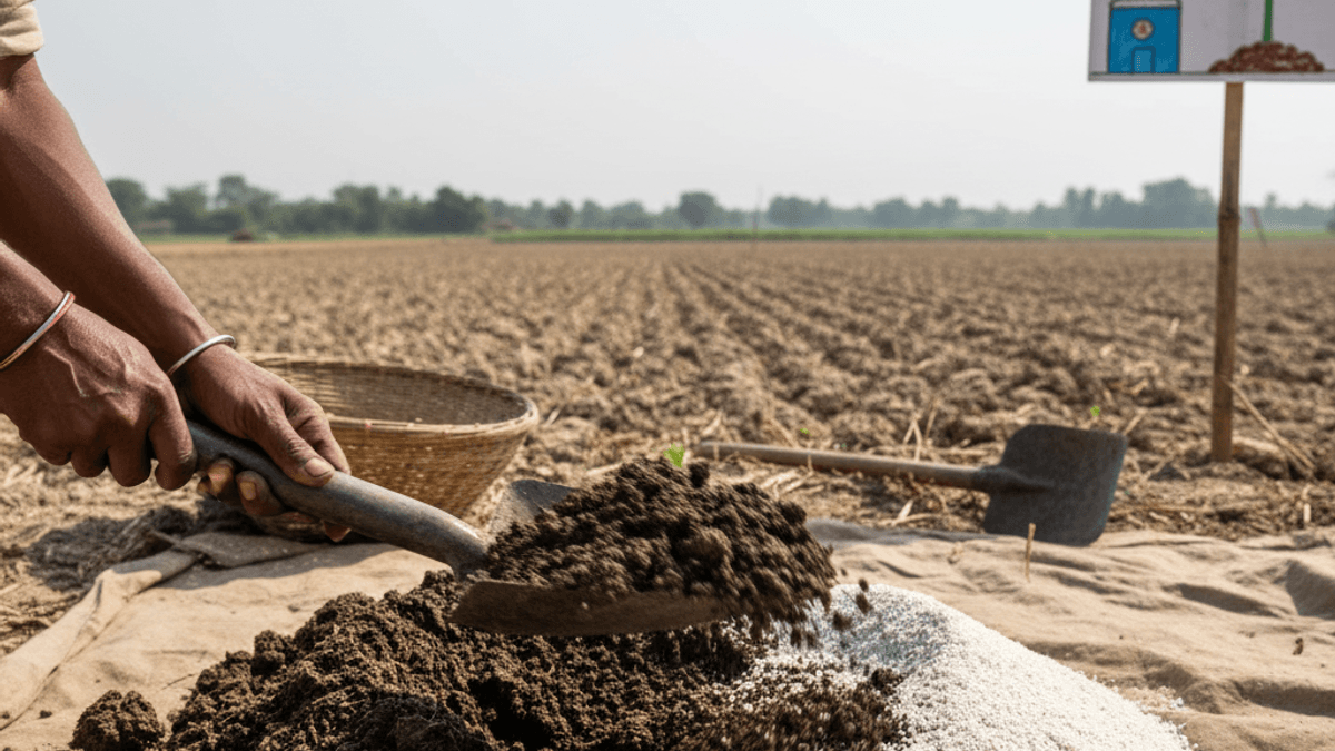 A farmer's hands blend dark organic manure with white chemical fertilizer on a tarp in a dry field under clear skies.