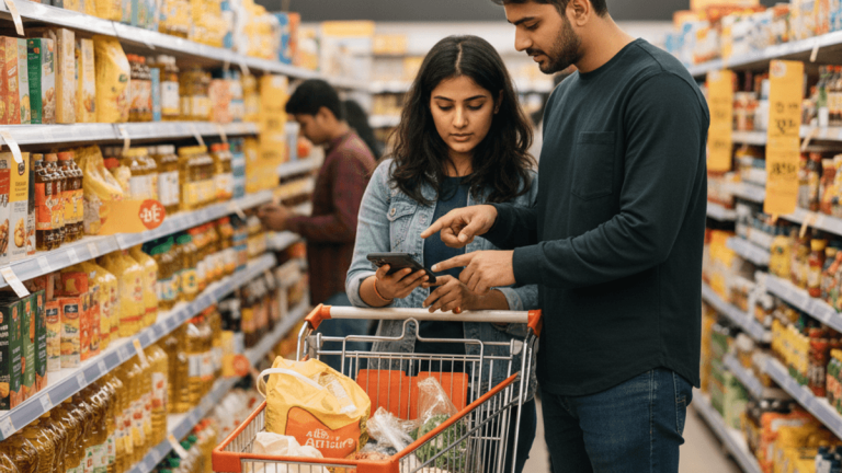 Two Indian consumers, a man and a woman, stand in a grocery aisle, intently looking at a smartphone. A shopping cart with essentials is beside them.
