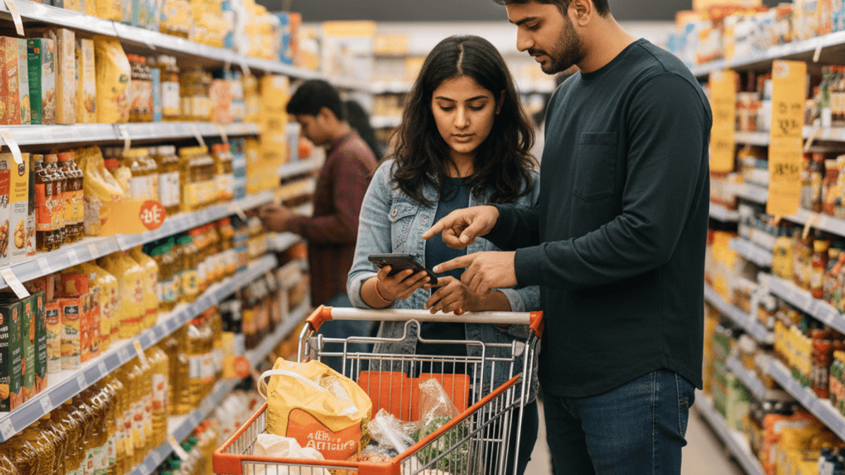 Two Indian consumers, a man and a woman, stand in a grocery aisle, intently looking at a smartphone. A shopping cart with essentials is beside them.