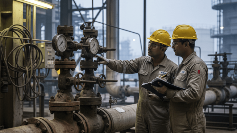 Two engineers in hard hats and overalls inspect gauges on a large, rusty pipeline in an industrial setting.
