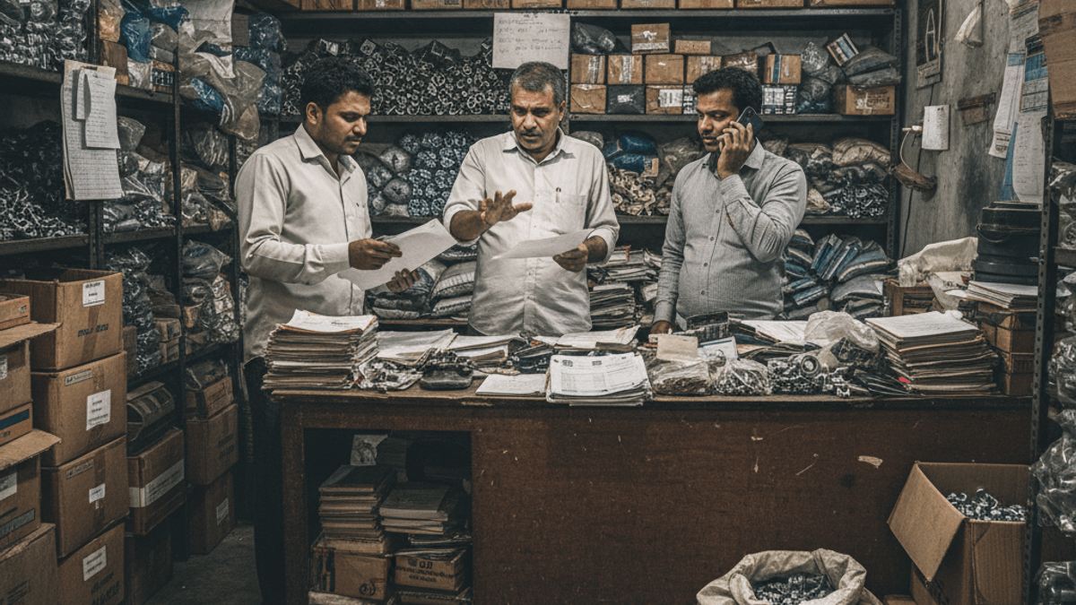 Three men, Indian fastener traders, review documents and talk on the phone in a workshop filled with parts and boxes.