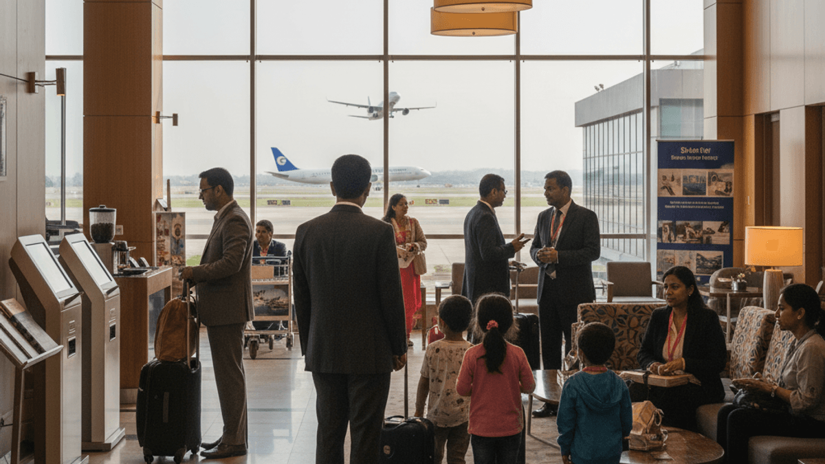 A busy airport hotel lobby in India, with guests and staff, and a large window looking out onto an active runway.