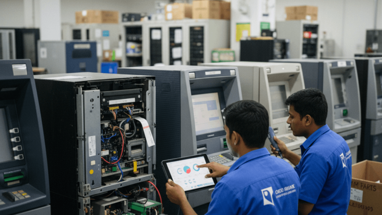 Two technicians in blue uniforms repair ATMs in a workshop, one checking components, the other reviewing data on a tablet.