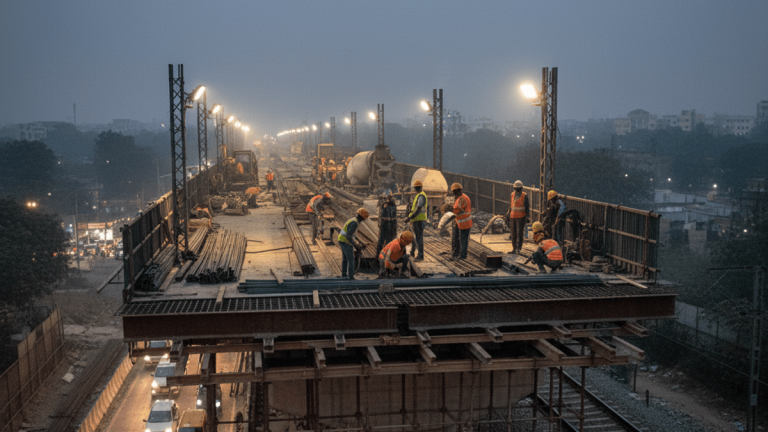 Construction workers in hard hats and vests build a new elevated section of a rail overbridge. Traffic flows below.