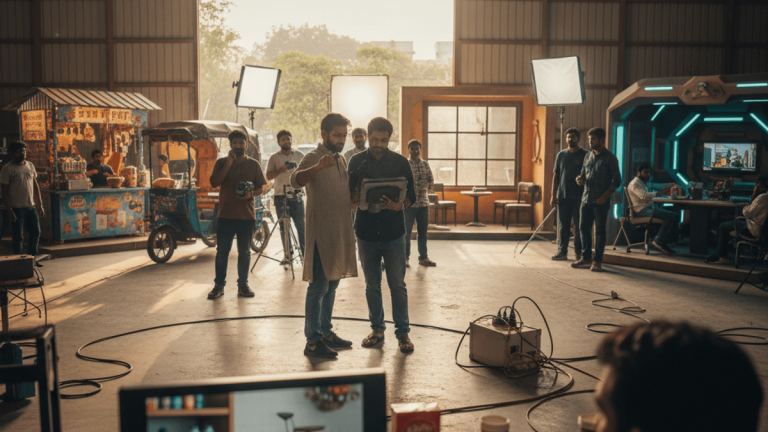An Indian film crew, including actors and technicians, works on a set for a micro-drama production in a large studio.